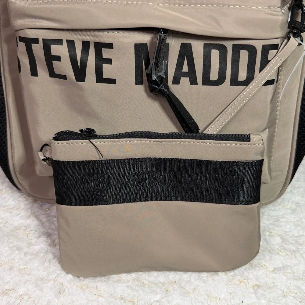 Steve Madden Taupe Nylon Logo Backpack with Detachable‎ Pouch NWT